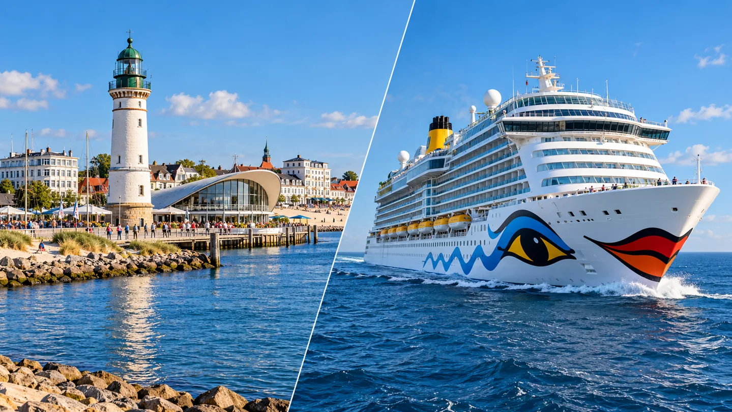 Rostock-Warnemünde und AIDA-Kreuzfahrtschiff – KI-generierte Collage